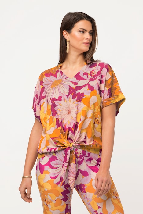 Tunika, Blüten, Oversized, V-Ausschnitt, Halbarm