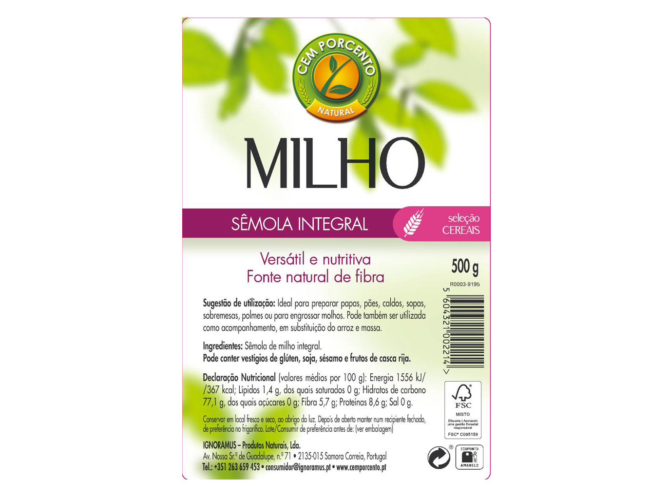SÊMOLA CEM PORCENTO MILHO INTEGRAL 500G