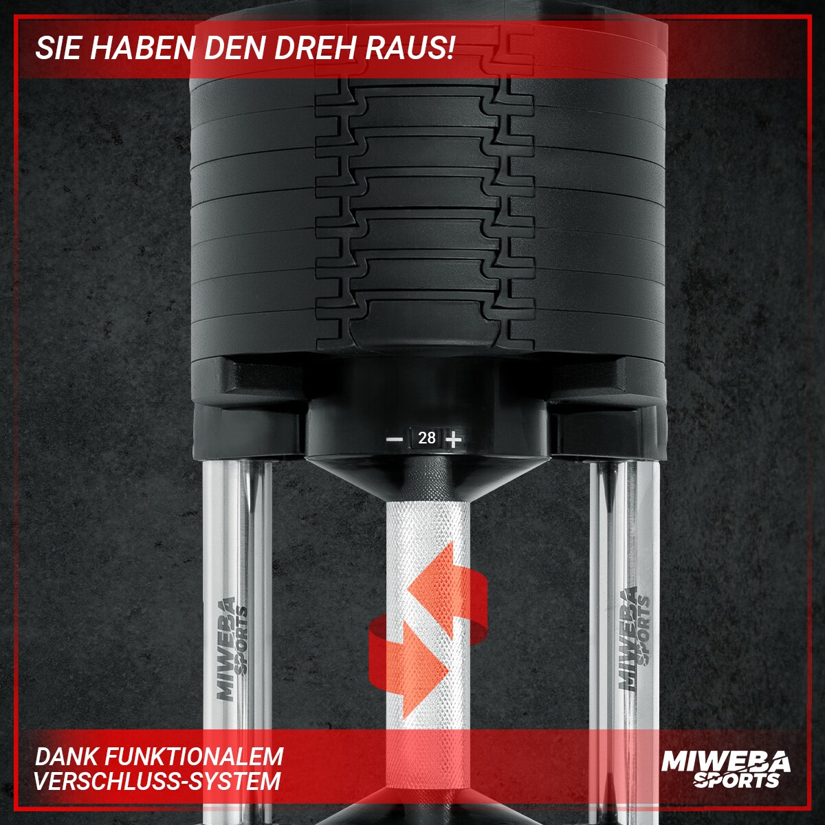 Miweba Sports verstellbare Kurzhantel VH200, Stahl, 2-28 kg, Hantelstange mit Profil, Halte-Gestell (28 kg)