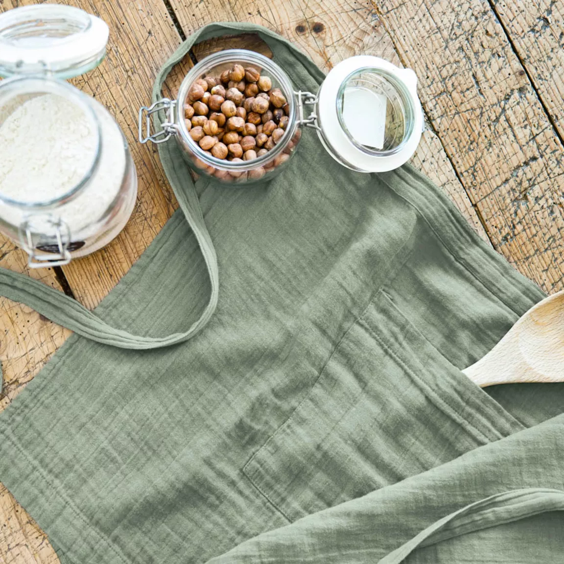 Tablier avec poches gaze de coton Gaïa Vert eucalyptus