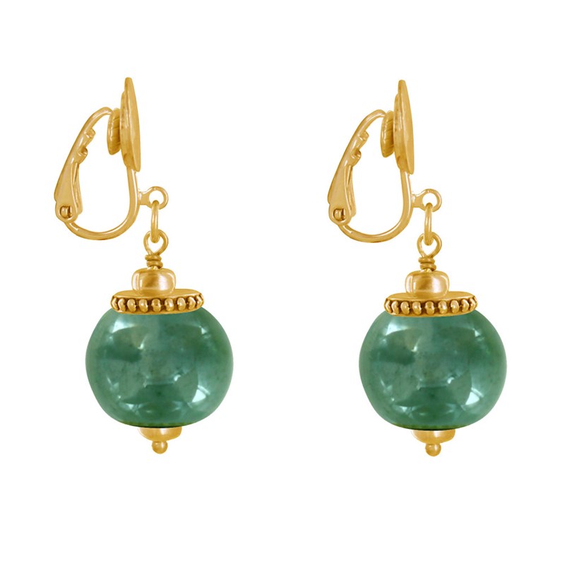 Boucles d'Oreilles Clip Métal Doré et Grosses Perles en Céramique