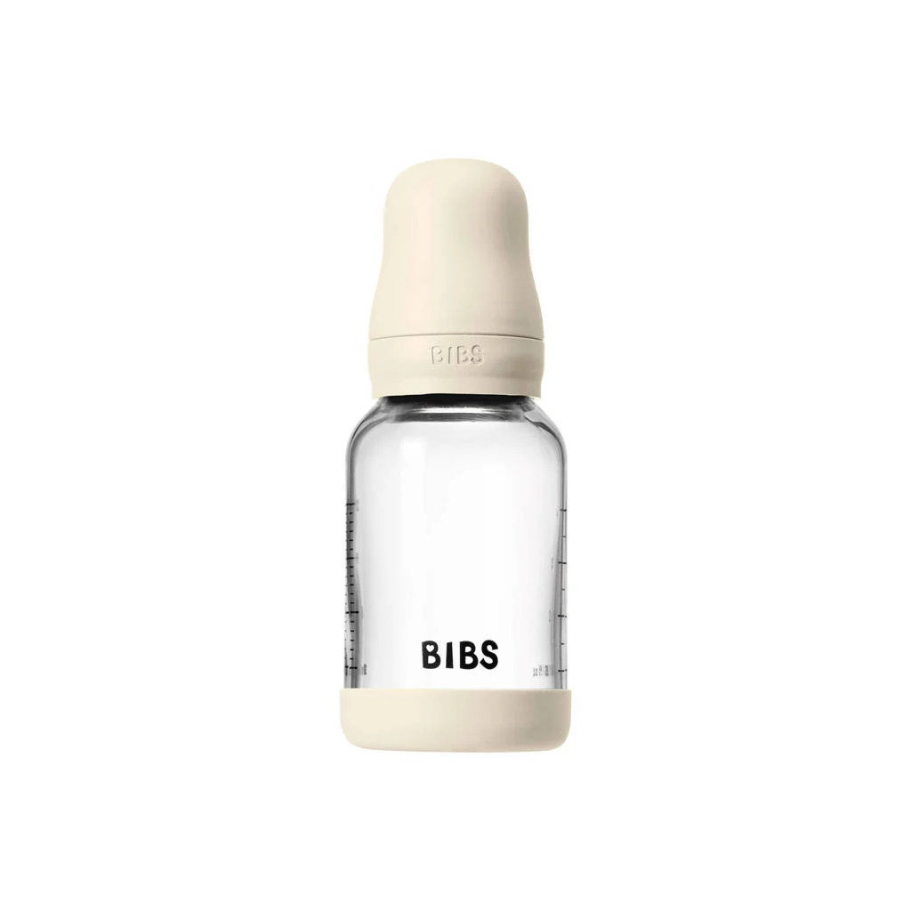 BIBS Glazen Babyfles - 120 ml - Ivory - met silicone speen en opvouwbare trechtertje