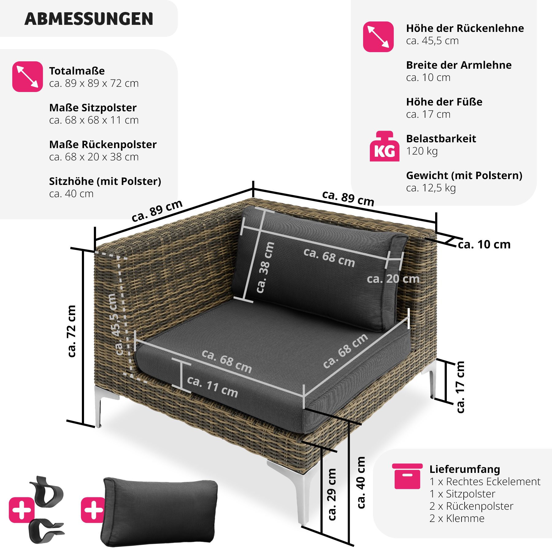 tectake® Modulares Rattanset, rechtes Eckelement mit Aluminiumgestell, hochwertiges Geflecht, 89 x 89 x 72 cm