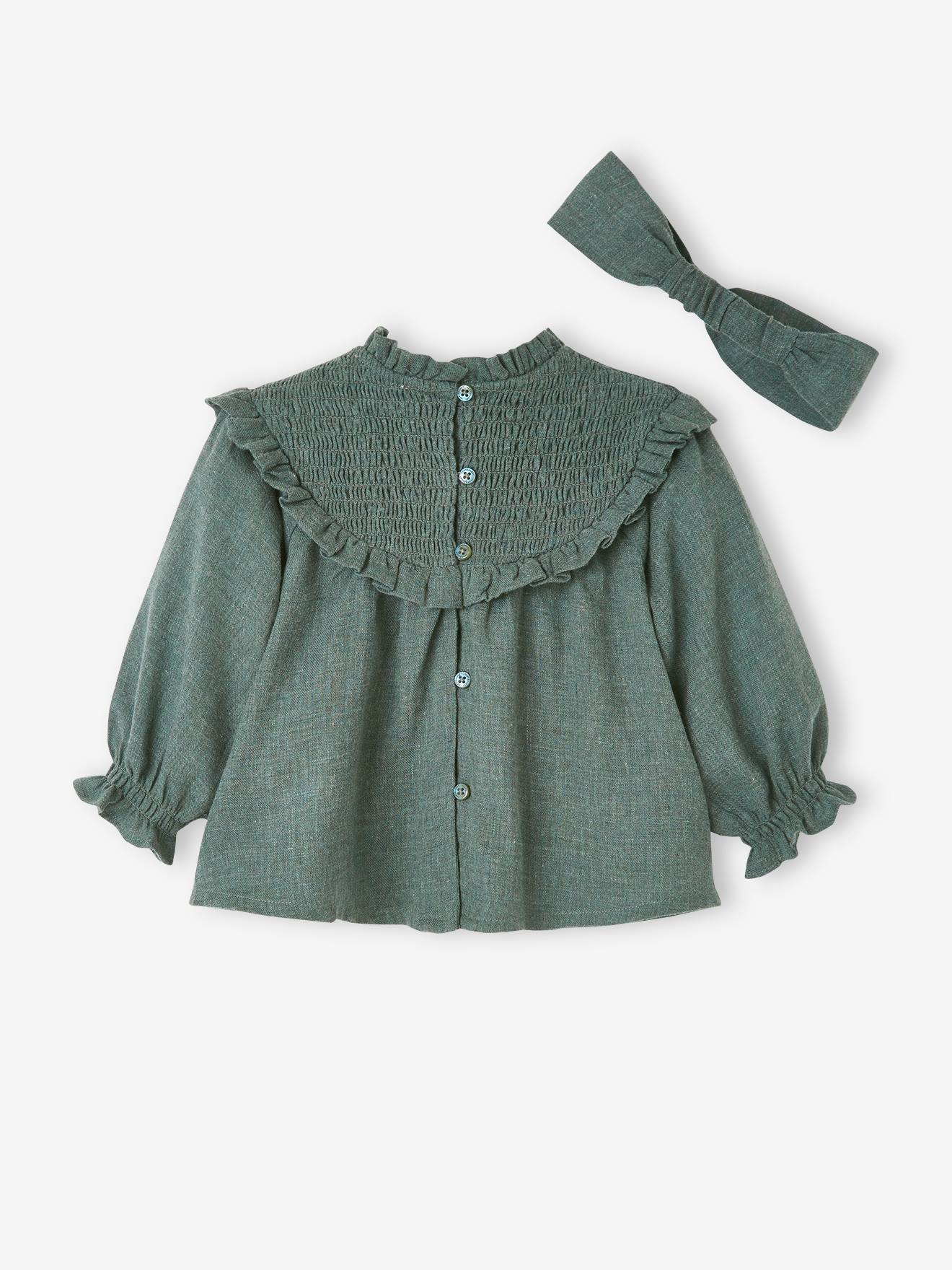 Blusa com avental e faixa de cabelo combinando, para bebê, verde acinzentado escuro