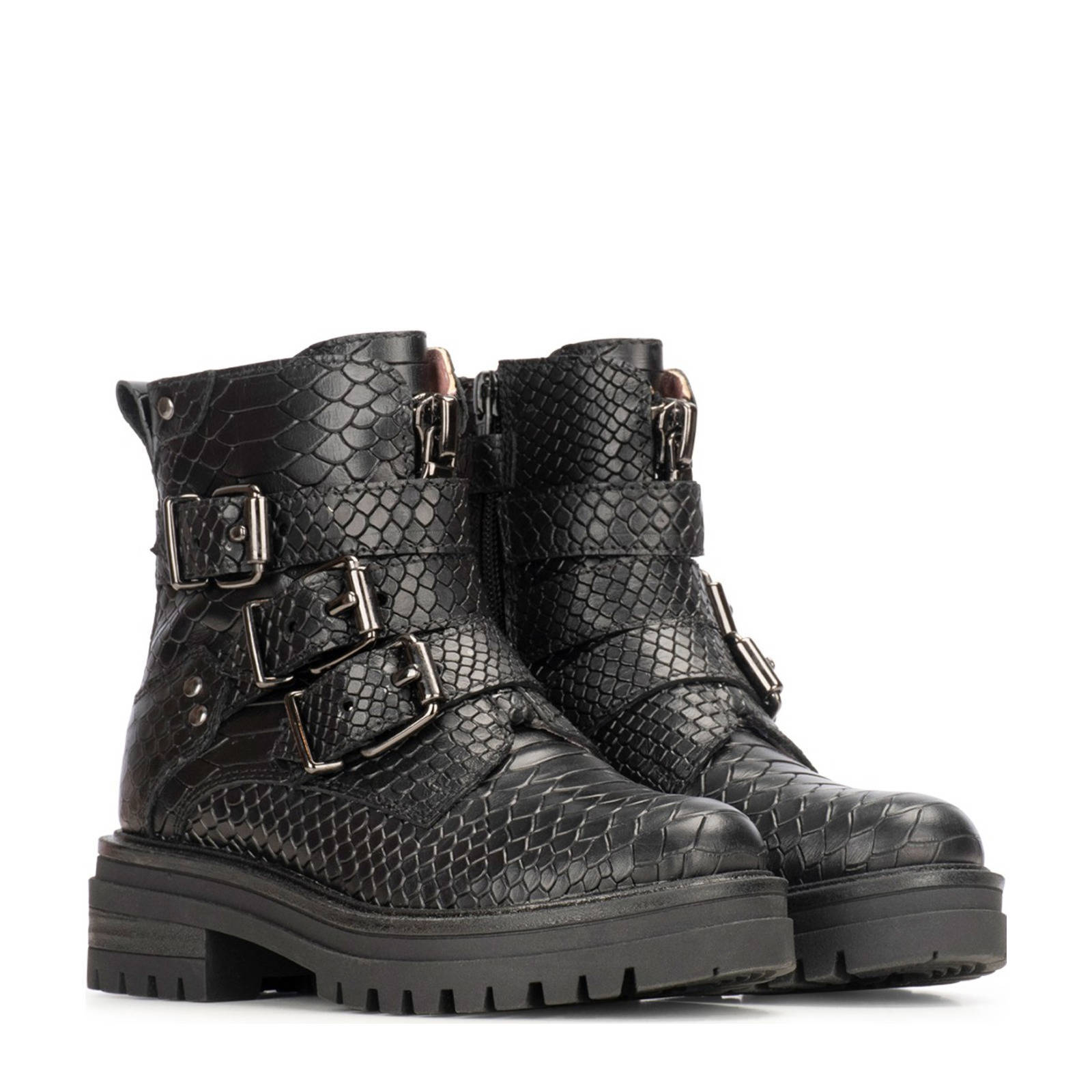 PS Poelman Monk  leren enkelboots met crocoprint zwart