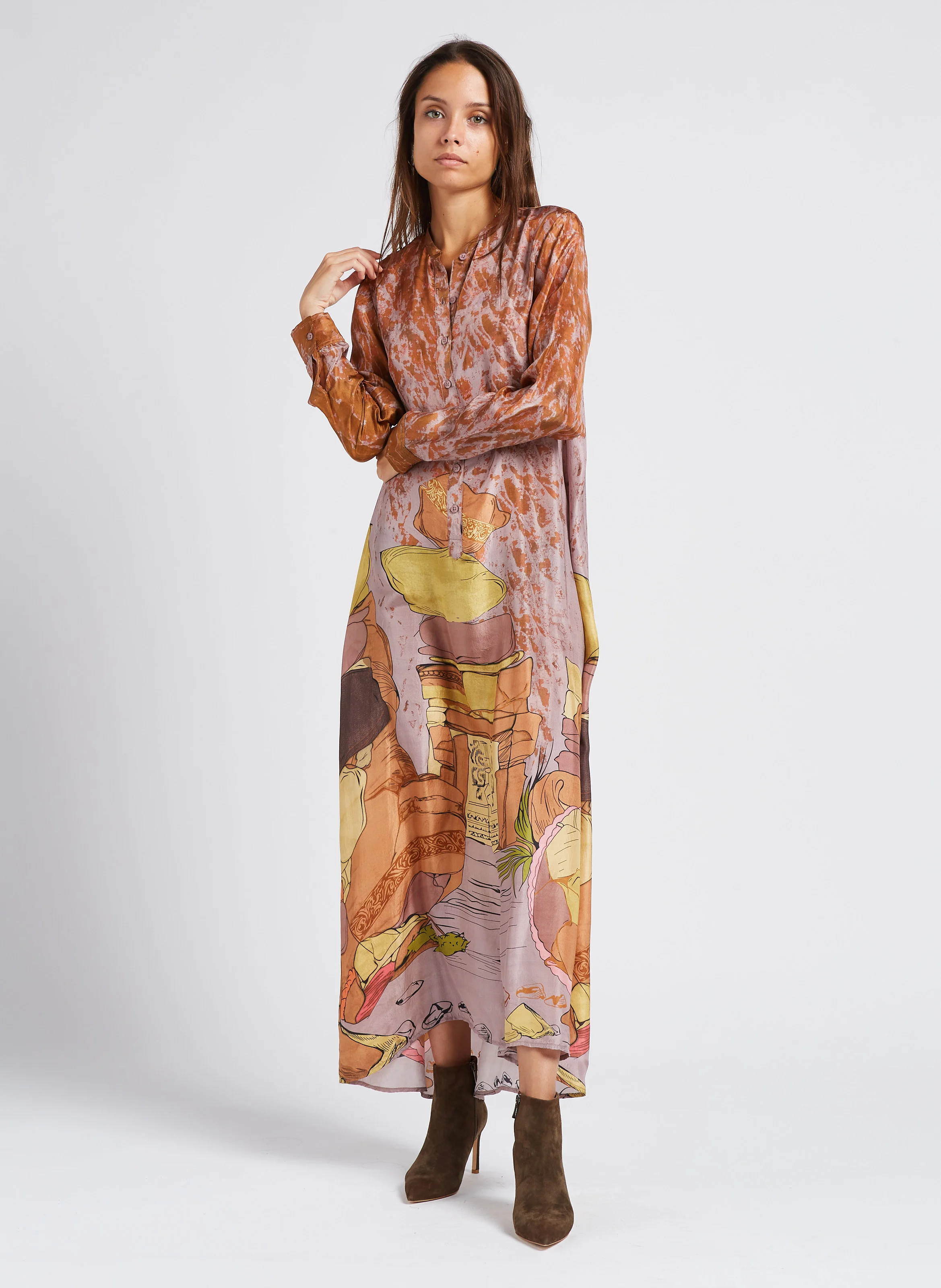 SHUNGITE - Robe chemise longue en soie imprimée | Rose