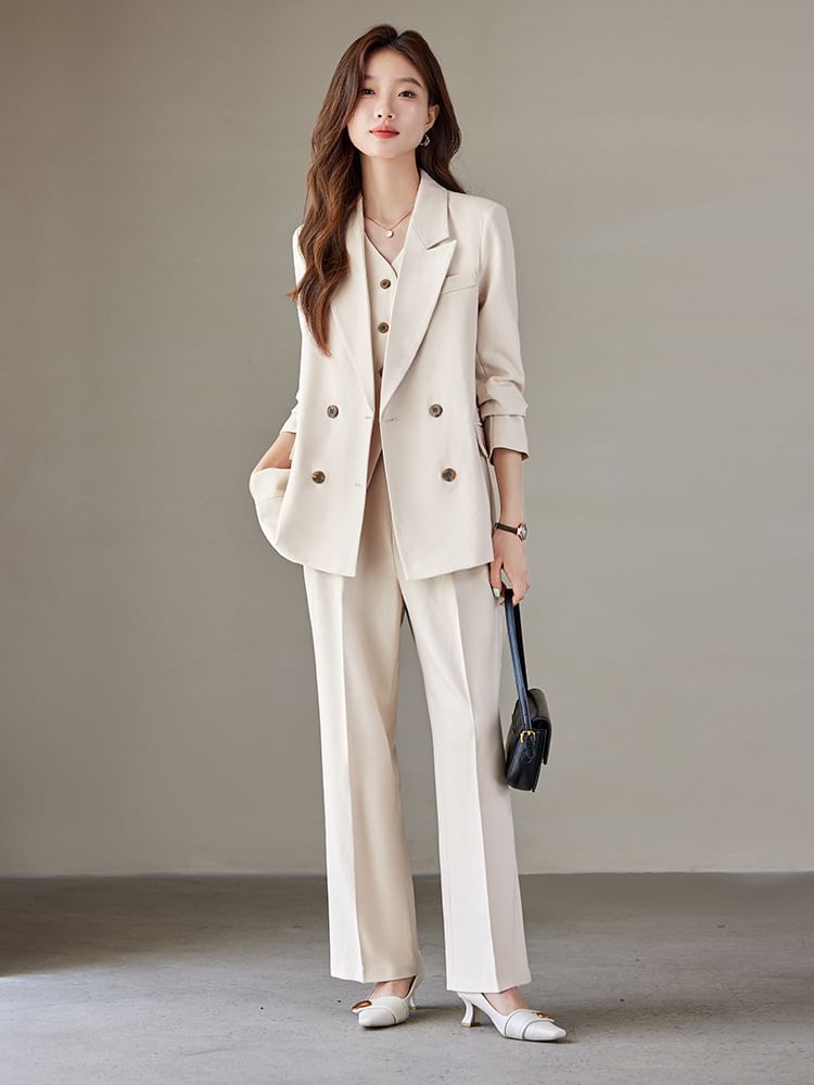 Skyheart - Peak Lapel Plain Double-Breasted Blazer / V-hals Single-Breasted Vest / High Rise Loose Fit Suit Pantalon / Set
