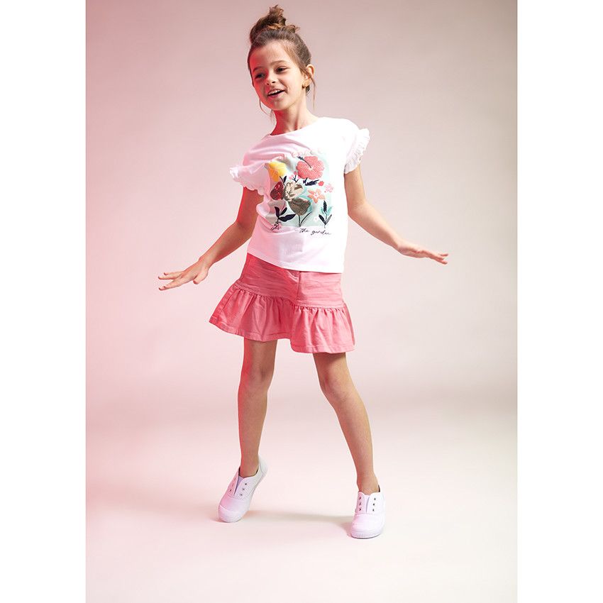 Jupe courte en jean effet délavé et finition volantée pour fille - Multicolore