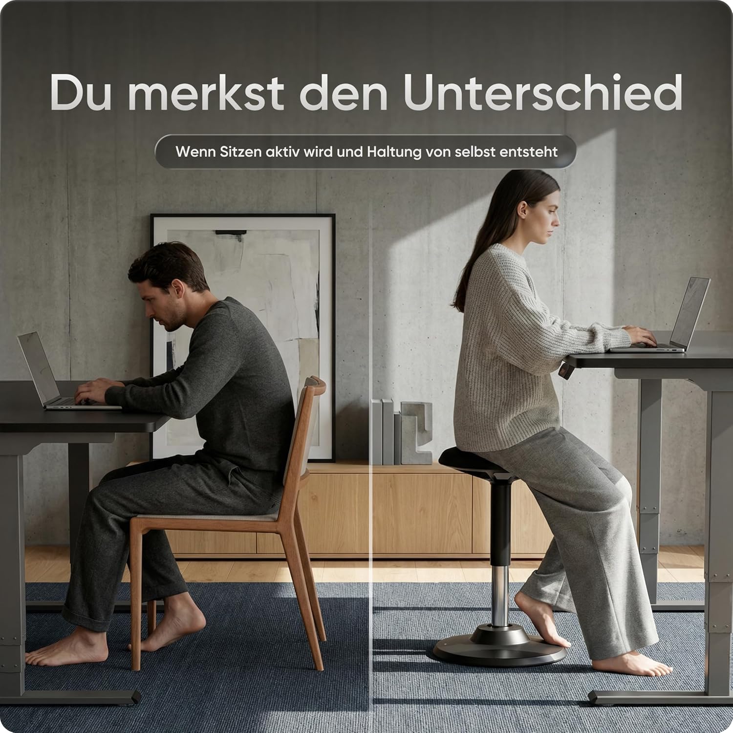 Motion Sitzhocker - Stehhocker höhenverstellbar, ergonomischer Hocker bis 140kg mit CushCloud-Polsterung, Gasfeder & 3D-Sitzmechanik, Bürohocker ergonomisch, Wackelhocker Stehstuhl (Schwarz)
