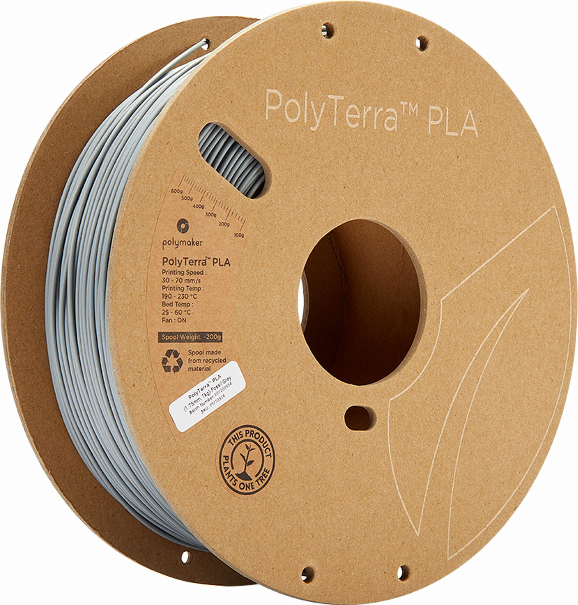 Polymaker  PolyTerra PLA Fossil Grey, 1,75 mm / 1000 g    Filament mit reduziertem Kunststoffgehalt