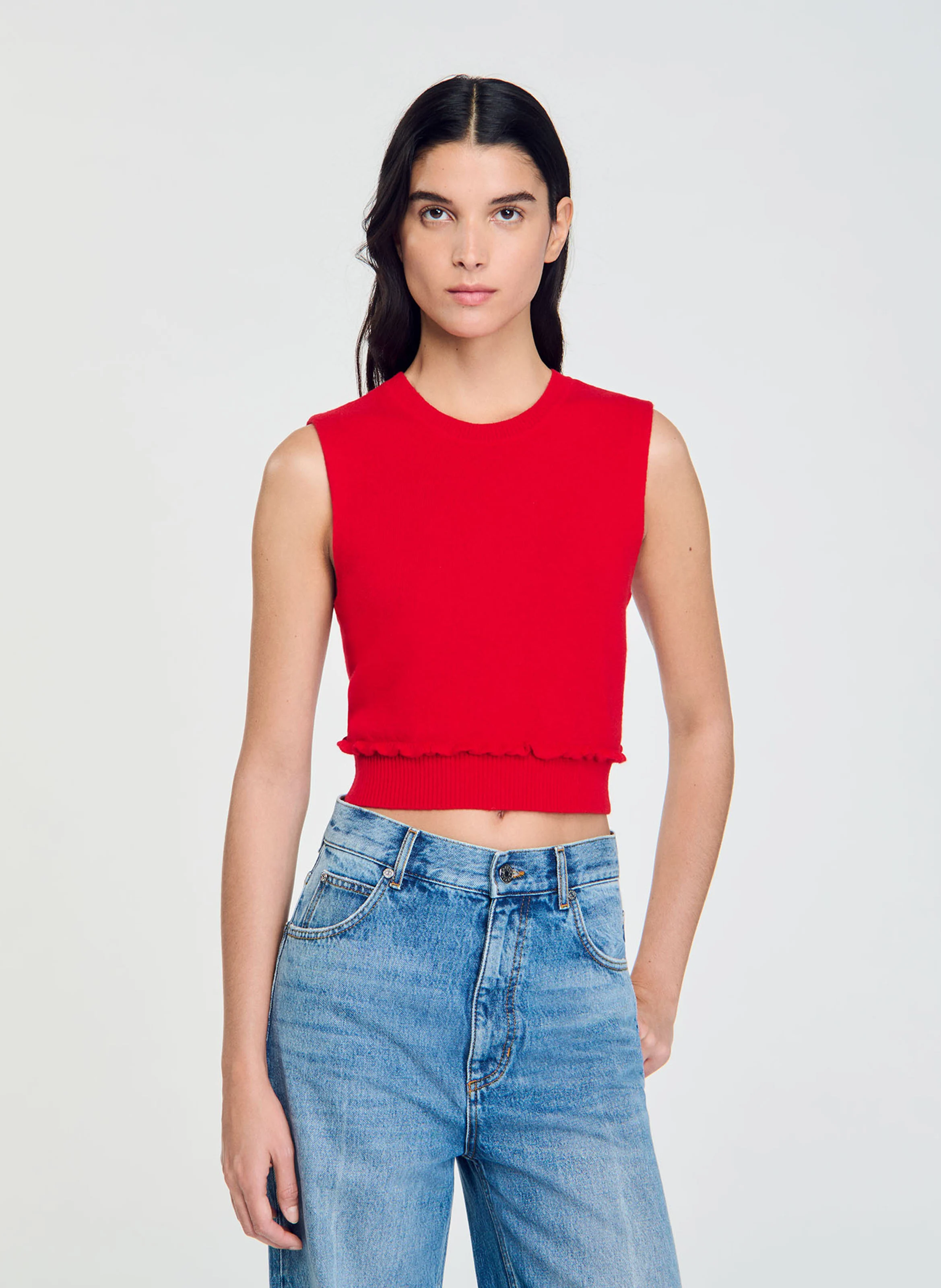 Pull court sans manches en laine et cachemire| Rouge