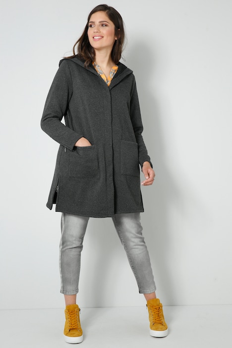Long-Strickfleecejacke, Straight Fit, Kapuze, Druckknöpfe, Langarm