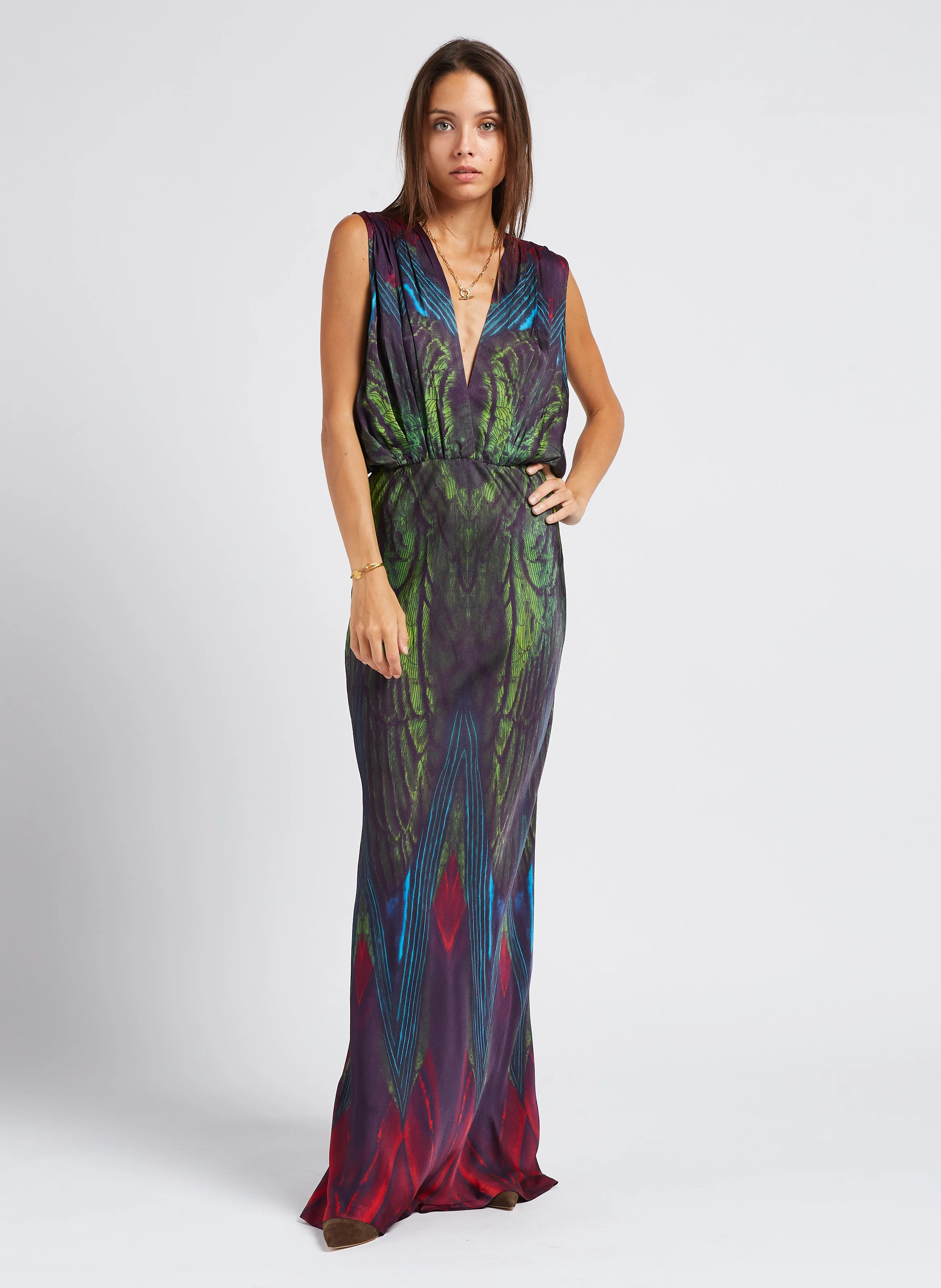 ILANE - Robe longue col V en satin imprimé | Multicolore