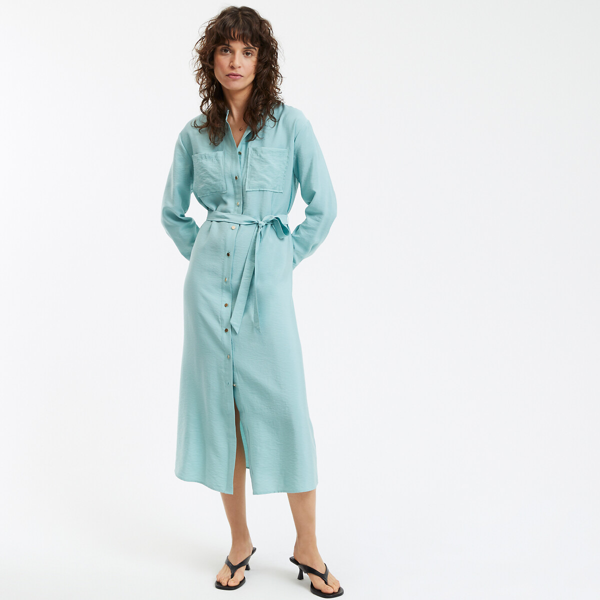COLEÇÃO LA REDOUTE<br>Vestido longo reto com cinto e gola mandarim