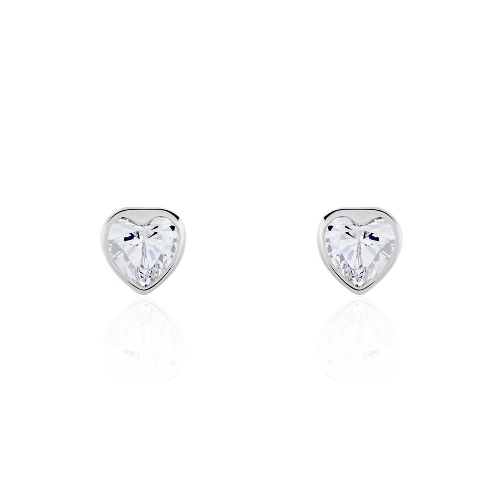 Boucles D'oreilles Puces Coeur Serti Clos Or Blanc Oxyde De Zirconium