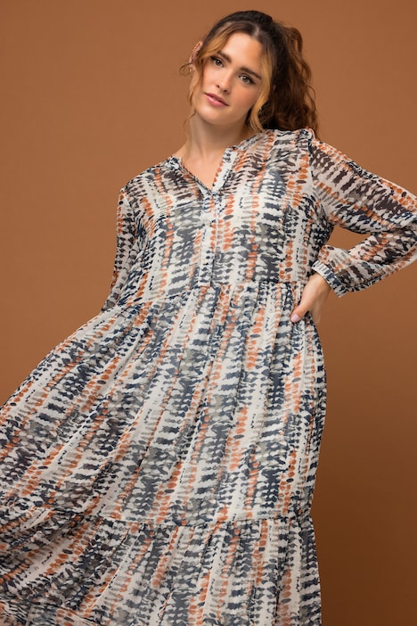Maxikleid, A-Line, Batik Print, Rundhals, Knopfleiste, Volants, Langarm