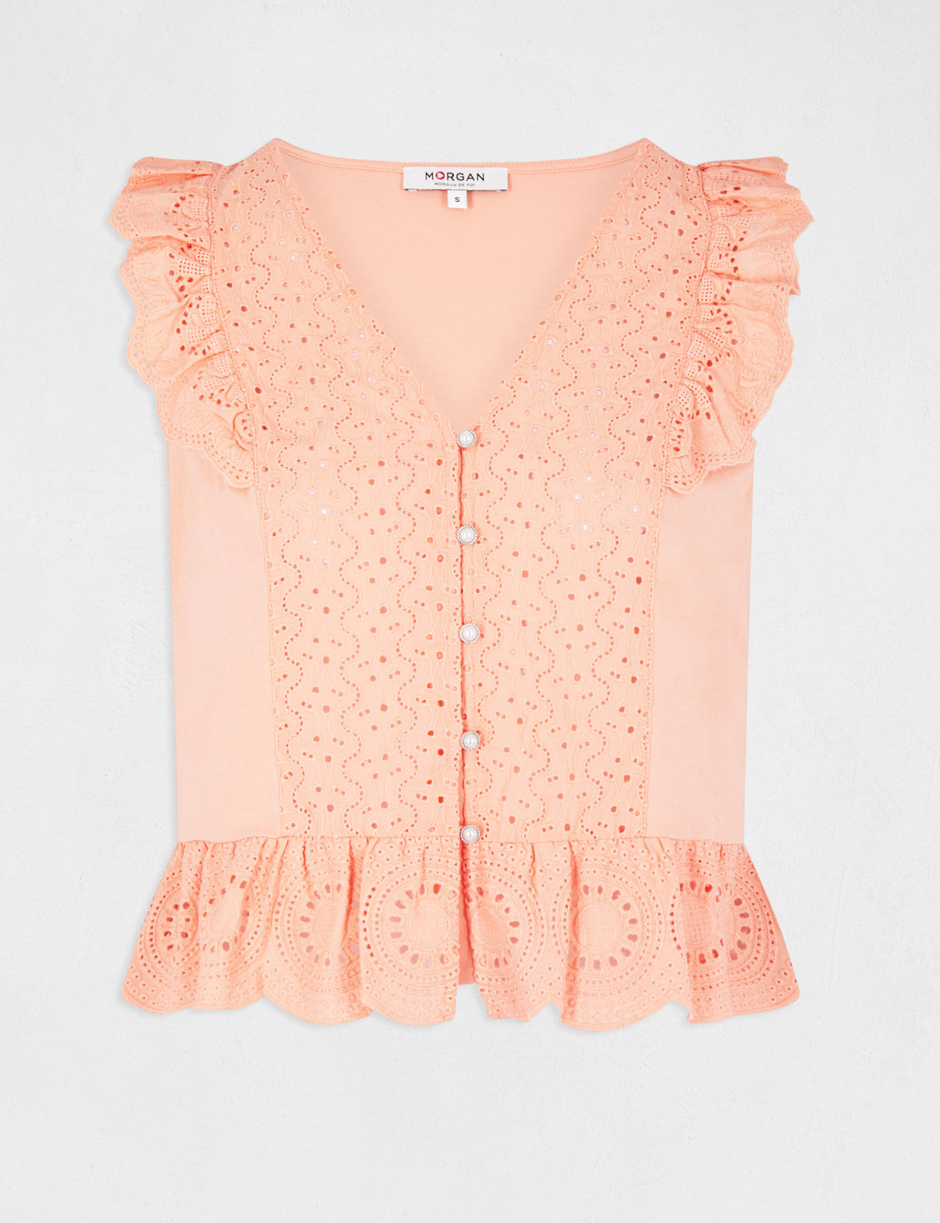 T-shirt manches courtes à volants rose moyen femme - rose_moyen