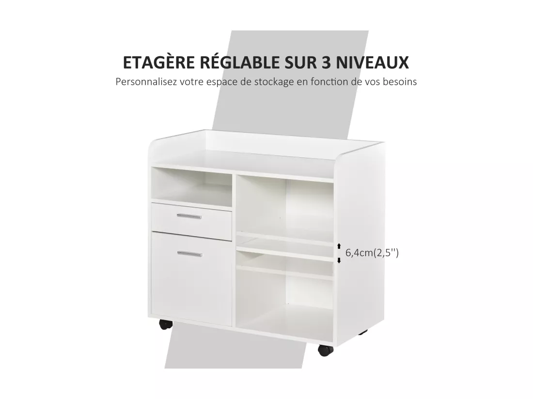 Support d'imprimante - caisson rangement - 3 niches, tiroir, trieur - panneaux blanc