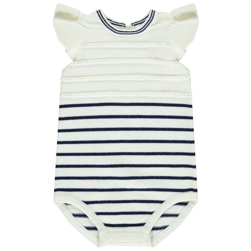 Barboteuse en tricot rayé et manches volantées pour bébé fille - Ecru