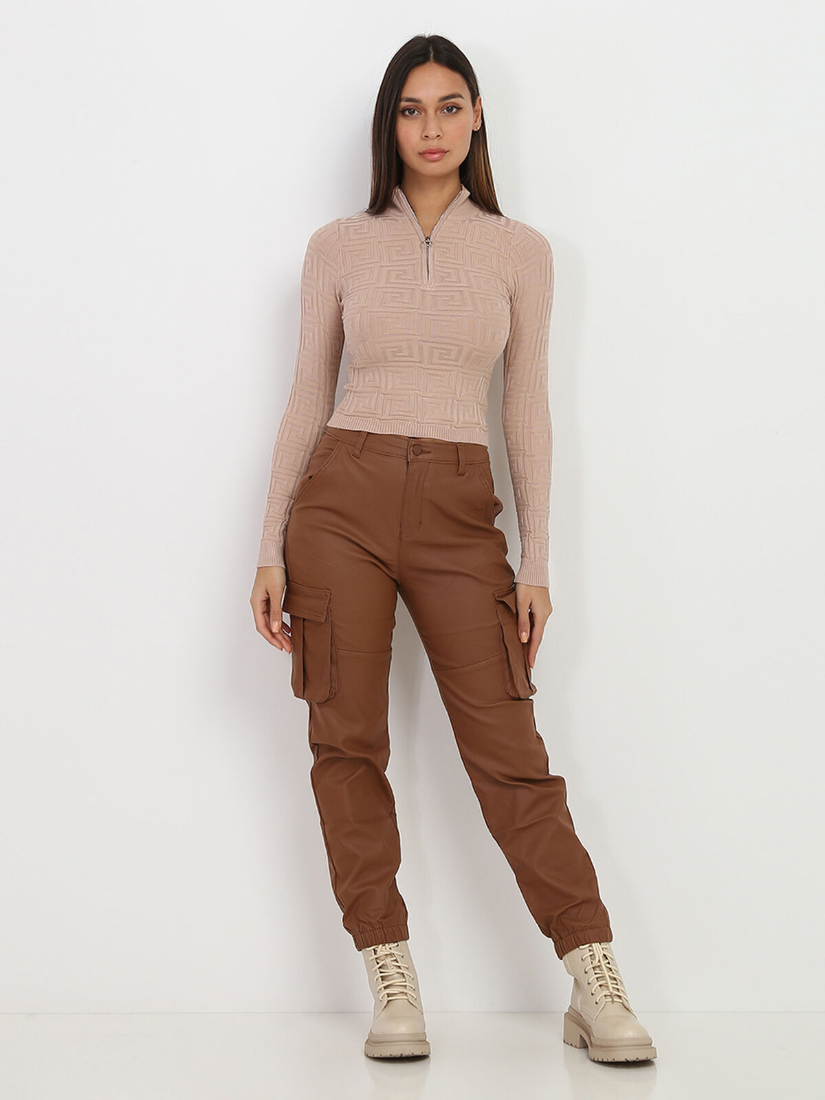 Pantalon cargo enduit- Marron