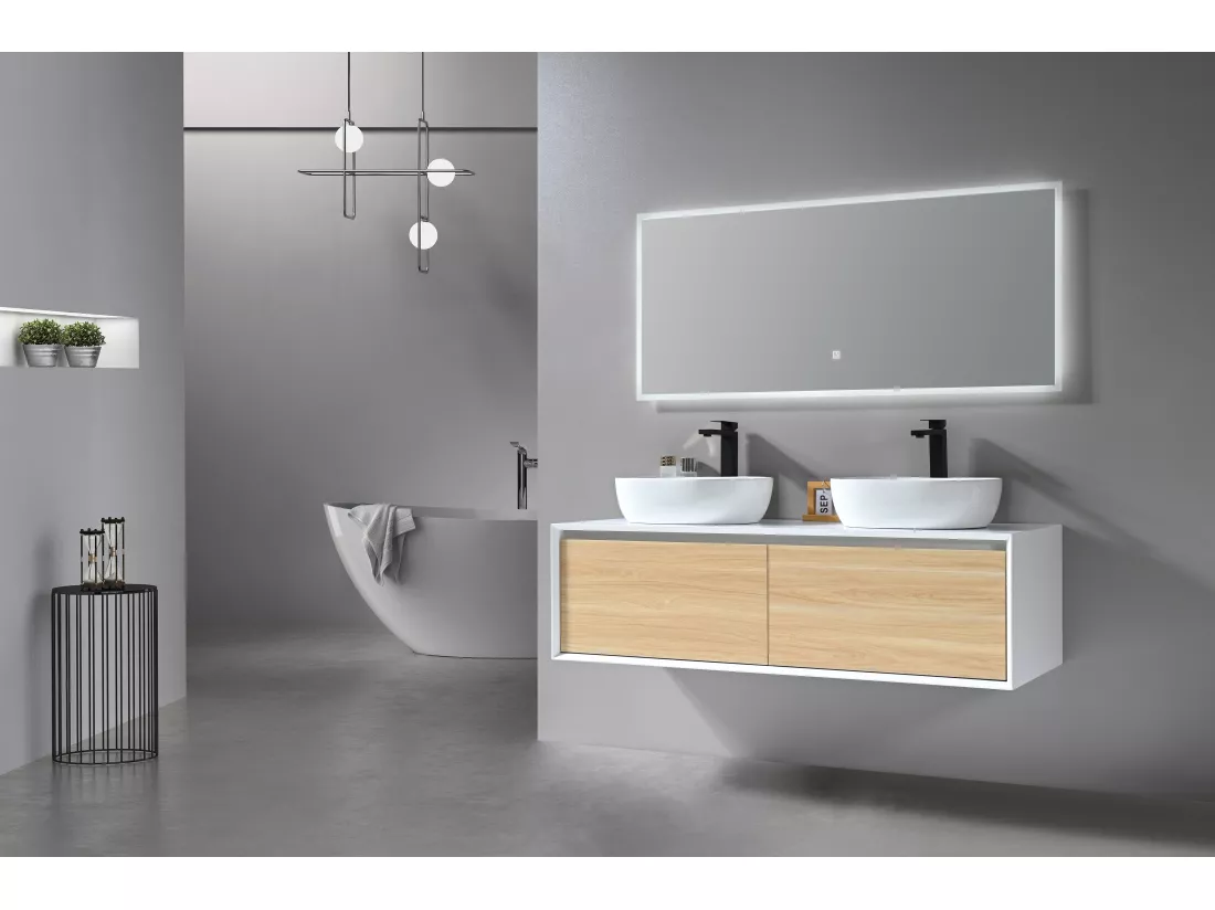LuxuryBain- Meuble de salle de bain double vasque 140cm blanc et bois avec miroir LED à intensité variable LB-5072