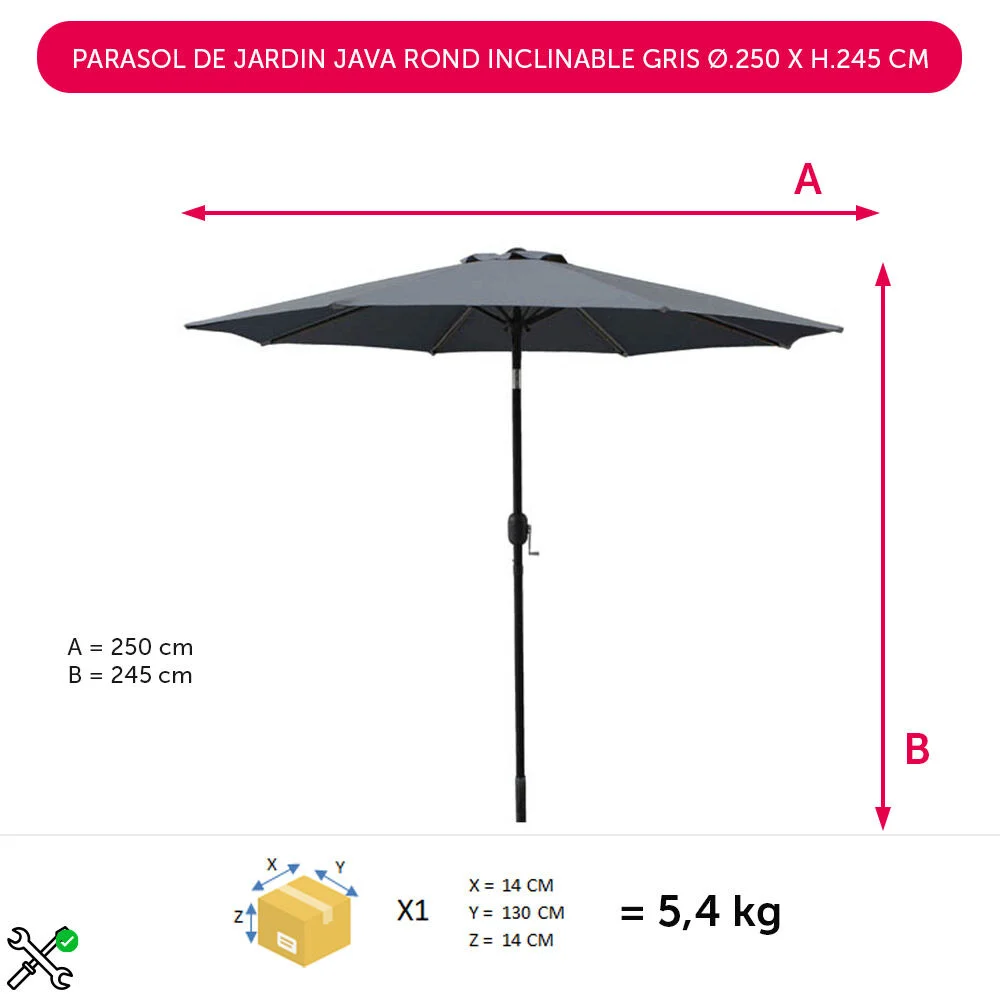 Parasol de jardin Java rond inclinable gris Ø.250 x H.245 cm