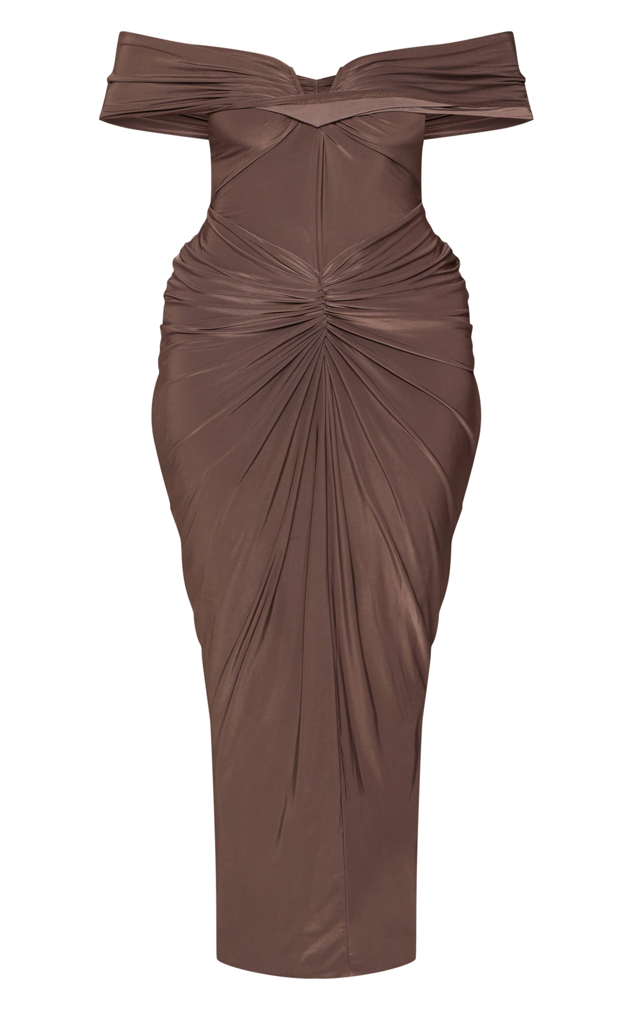 Taupe Robe Maxi Froncée À Encolure En V Shape