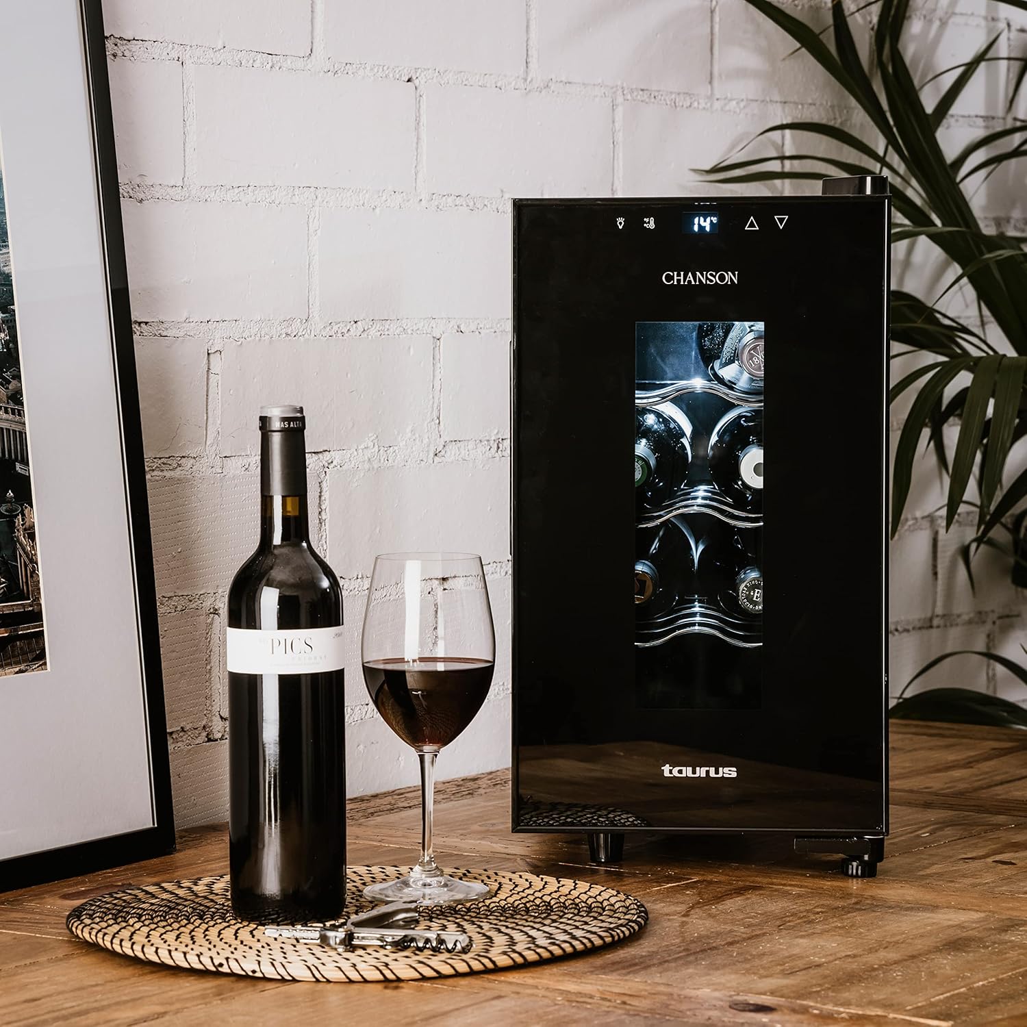 Taurus WC8T - Cave à vin thermoélectrique pour 8 bouteilles, 11-8ºC, silencieuse, ne vibre pas, isolation intérieure spéciale, porte vitrée, température réglable, lumière intérieure douce, noir