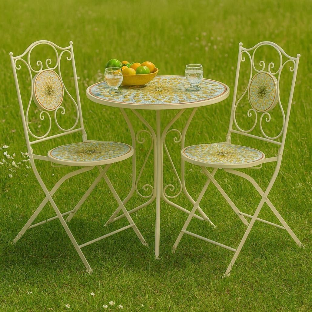 Kobolo Tischgruppe MOSAIKOPTIK | 3-teilig | weißer Metalltisch mit 2 passenden Klappstühlen | stilvolles Bistro-Set für Garten, Balkon, Terrasse | Gartenmöbelset im mediterranen Landhausstil
