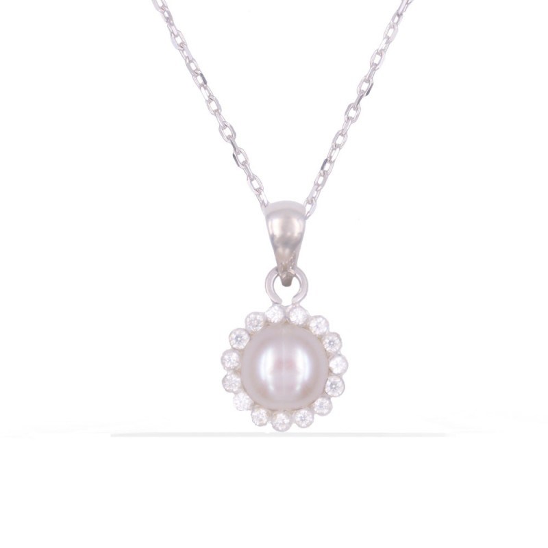 Collier - Pendentif Or Blanc - Perle et Zirconiums - Chaine Argentée