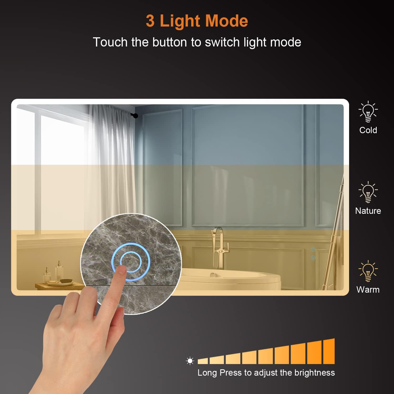 Badspiegel mit Beleuchtung 120x70 cm, LED-Badezimmerspiegel mit Touch-Schalter, Antibeschlag, 3 stufenlos dimmbare Lichtfarben, IP65, HD-Hartglas, Einfacher Lichtring