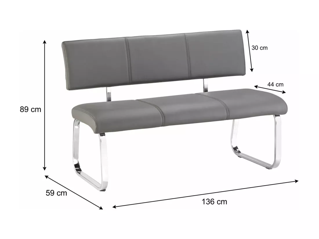 Banc design VILAS siège avec 3 places, banquette au piètement chromé et dossier au revêtement synthétique gris