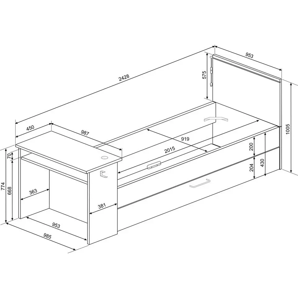 Bed Bzone 90x200 cm met bedlade, bureau en ledverlichting - antraciet