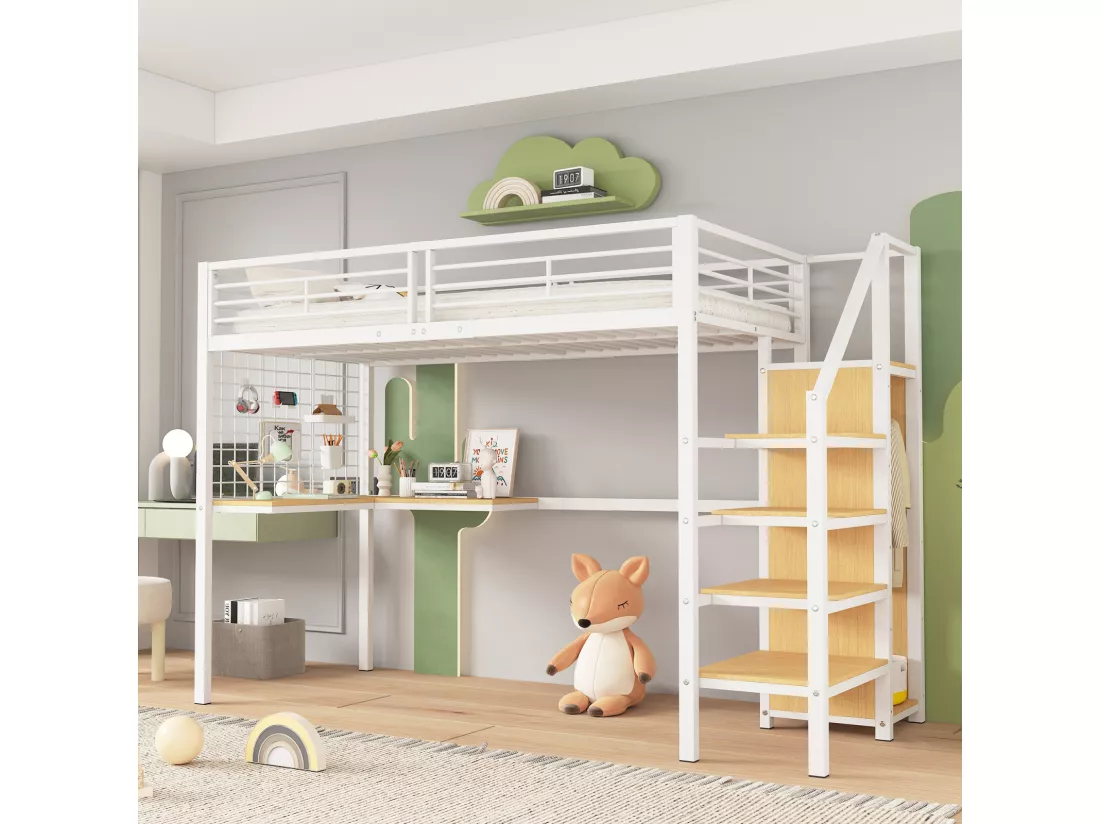Lit mezzanine 90x200cm, lit enfant avec table et armoire, échelle latérale, acier + MDF, blanc