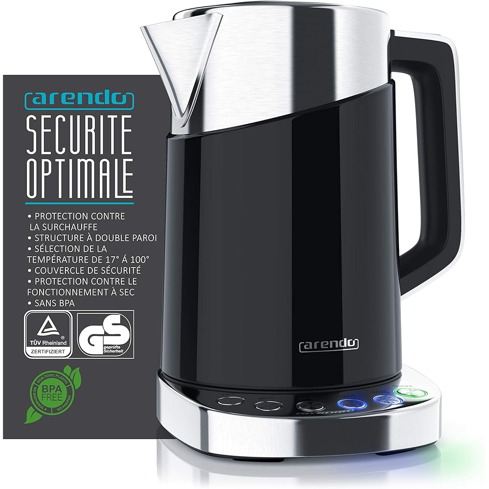 Arendo - Bouilloire en acier inoxydable de 3000 watts - 1,7 litres - Base à 4 températures sélectionnables - maintien au chaud - 3 filtres anti calcaire - Arrêt automatique - double paroi - Sans BPA : Cuisine et Maison