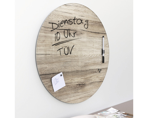 Glazen magneetbord, natuurlijk eikenhout, Ø 50cm