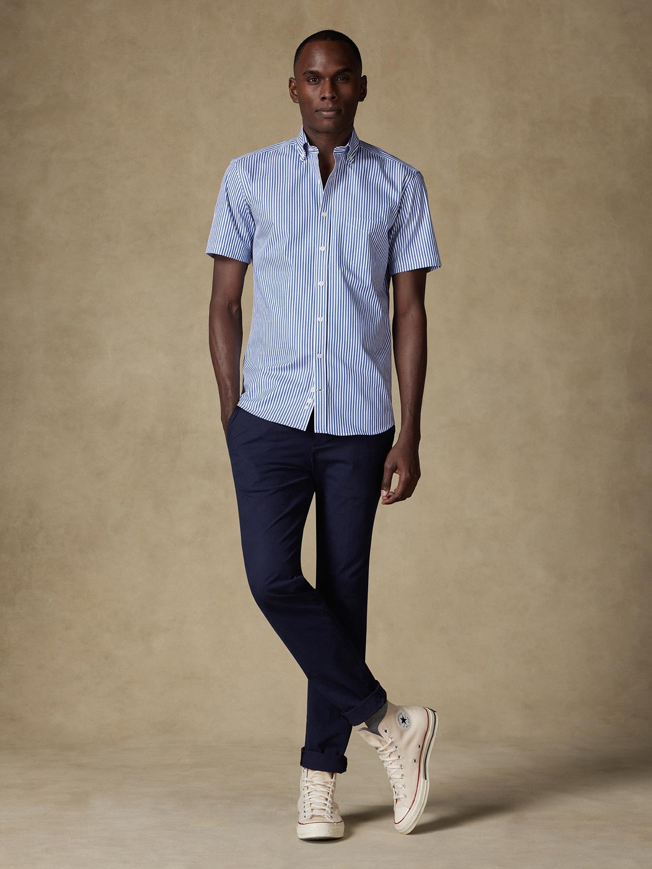 Chemise manches courtes Barry à rayures marine - Col boutonné