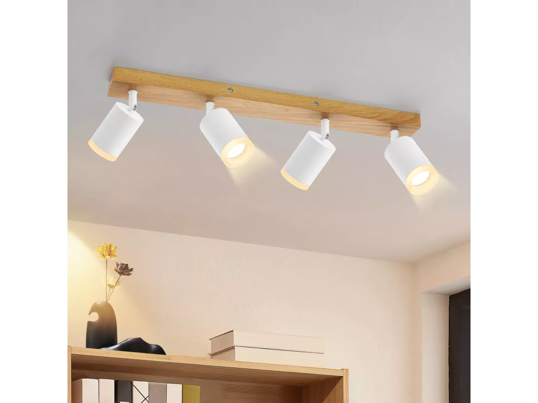 NETTLIFE Spot de plafond 4 flammes blanc bois GU10 Spot mural 350° orientable Vintage industriel rétro