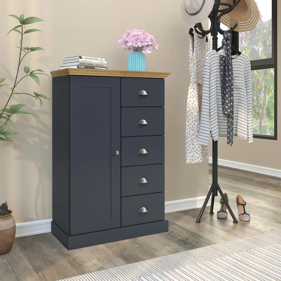 Motala - Commode met 1 deur en 5 laden en grijs hout effect