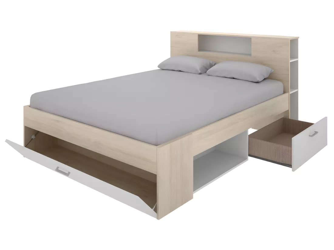 Lit avec tête de lit rangements et tiroirs - 160 x 200 cm - Coloris : Naturel et blanc + Chevets - LEANDRE
