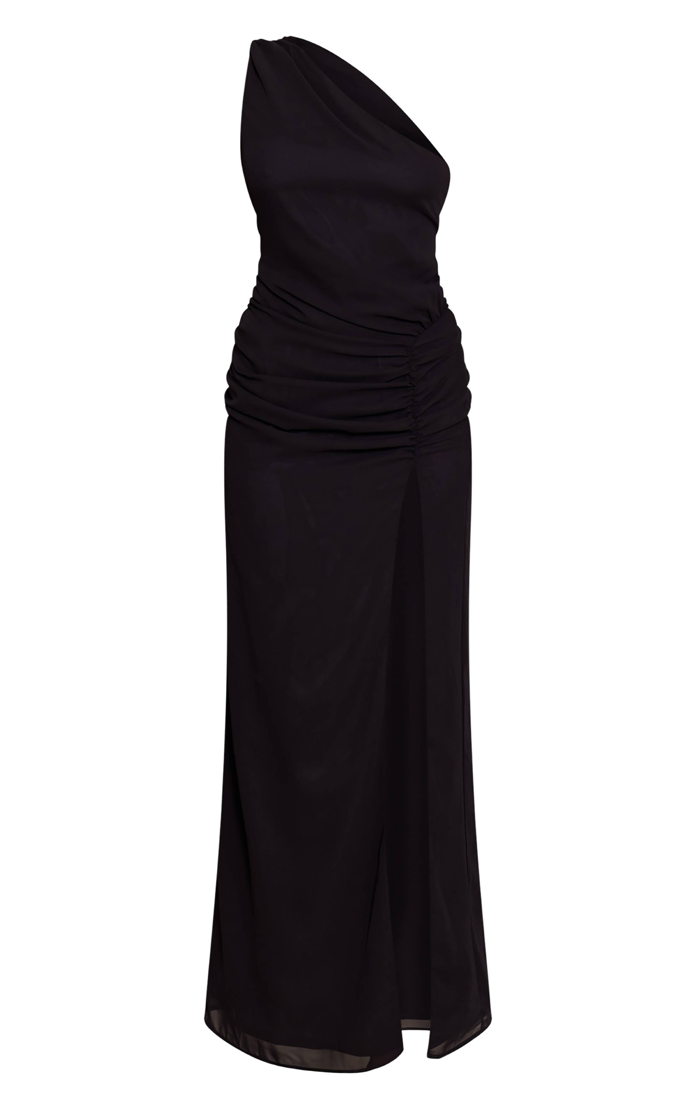Noir Robe Longue En Mousseline À Une Épaule Avec Détails Froncés