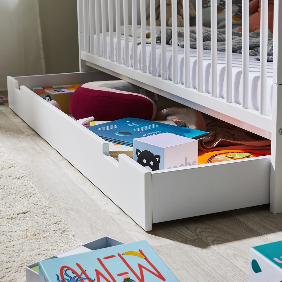 Kids Collective Babybett 70x140 Umbaubares Gitterbett höhenverstellbar & herausnehmbare Sprossen weiß mit Schublade