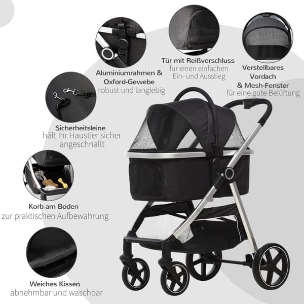 Hundevogn, 3 I 1 Hundevogn, Bilsete, Transportbag, Kattevogn Med Pute Opptil 15 Kg, Sammenleggbar Med Bremser, Nettingvindu, Sikkerhetsliner