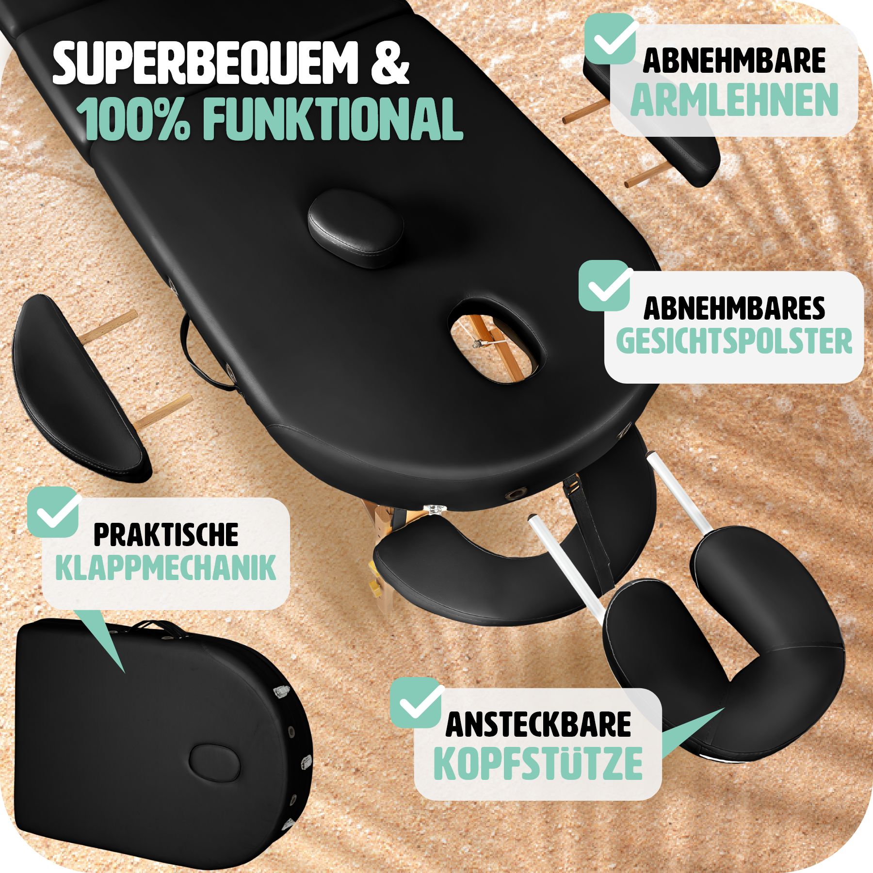 tectake® 3 Zonen Massageliege, oval, Polsterung 5 cm, mit Holzgestell, verstellbare Ablagen für Kopf und Arme, 230 x 104 x 62,5 - 85 cm