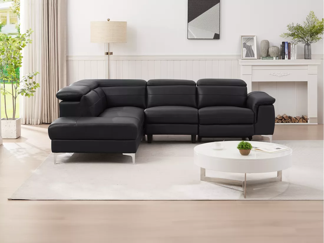 Canapé d'angle gauche relax électrique en cuir noir FUSINO