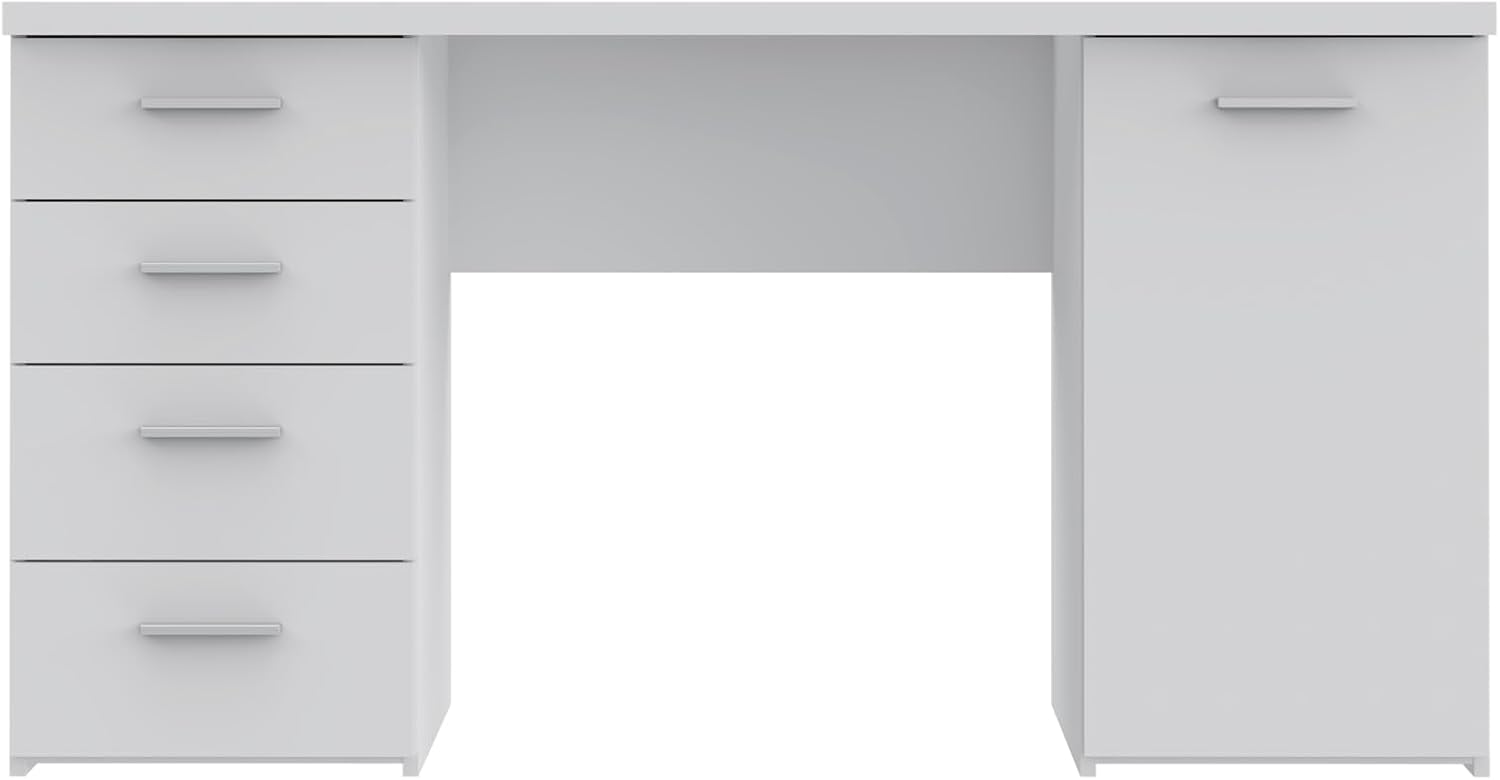 FORTE Net106 Schreibtisch mit 4 Schubladen und 1 Tür, Holzwerkstoff, Weiß matt, 145 x 60 x 76.3 cm