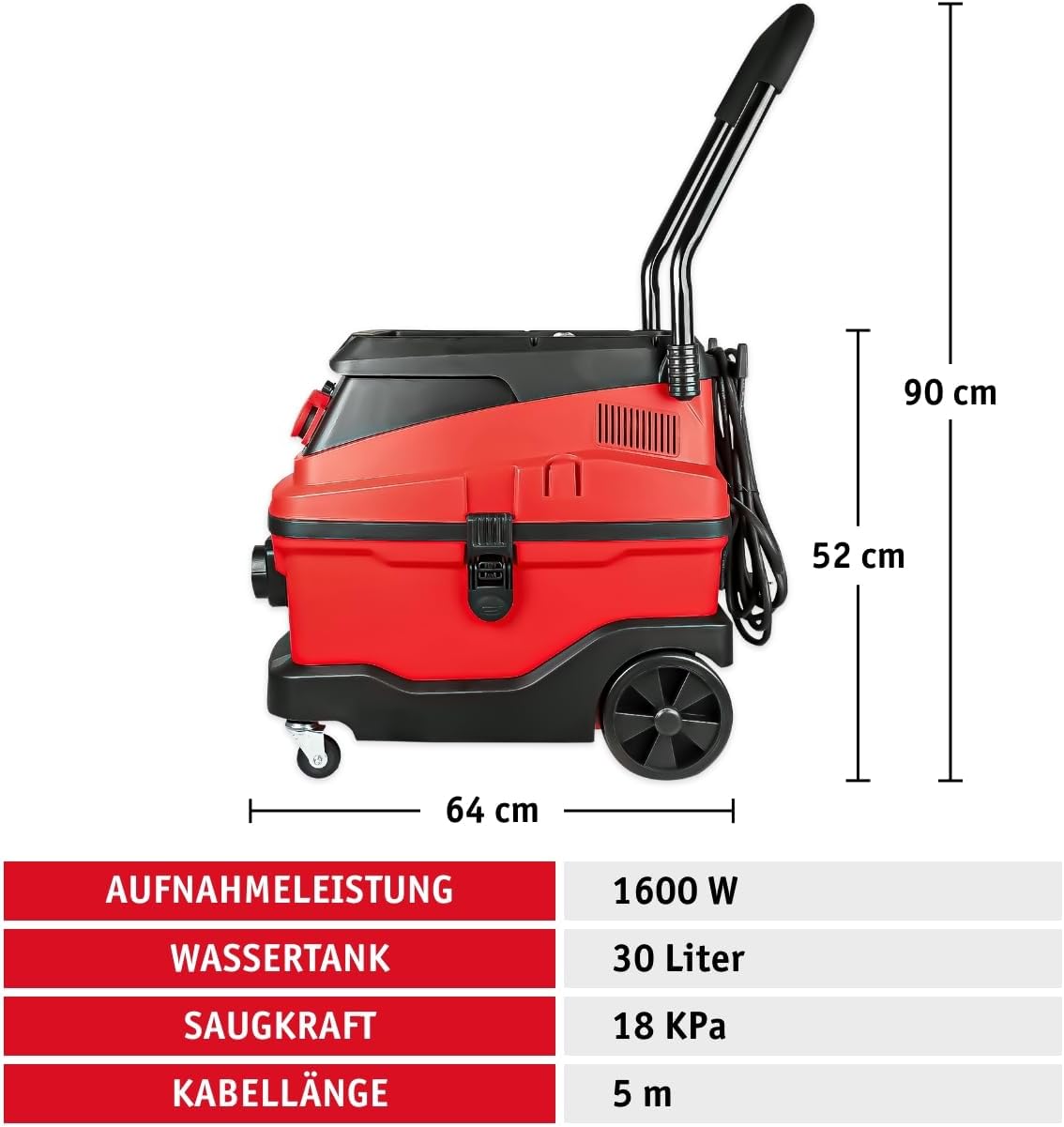 WALTER Industriestaubsauger 3-in-1 mit Wasserfilter, 1600 W, 230 V, Nass- & Trockensauger, mit Steckdose für Synchronbetrieb, Starke Saugleistung bis zu 18 KPa, inkl. umfangreichen Zubehör-Set