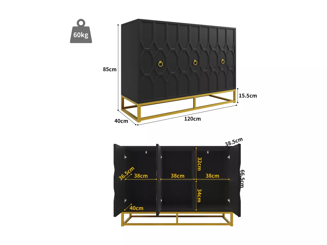 Buffet moderne 120×40×85 cm - 3 portes avec étagères réglables - Noir