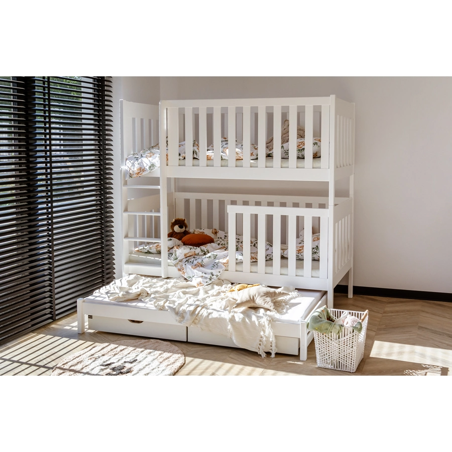 Kids Collective Hochbett 80x180 | 90x200 mit Ausziehbett Etagenbett mit Ausziehfunktion, Schubladen weiß mit 3 Matratzen