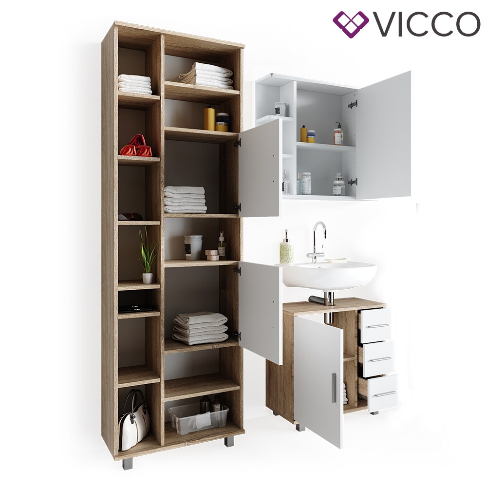 VICCO Badmöbel Set ILIAS Weiß Eiche Bad Spiegel Kommode Unterschrank Badschrank